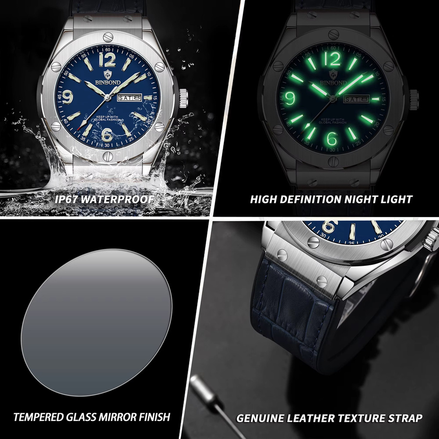 BINBOND Armbanduhr Quarz, Edelstahl, Leder, Blau, Herren - Bild 6