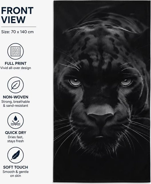 JMG Household Supplies Strandtuch für Herren mit Schwarzpanther-Print, schnelltrocknendes Mikrofaserhandtuch in Schwarz, B/H: 80 x 160 cm - Bild 1