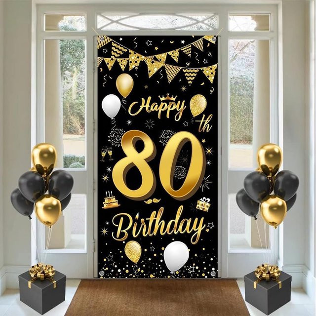 OURFETE Geburtstag Banner zum 80. Geburtstag in Schwarz-Gold mit Ballon-Konfetti-Muster, B: 180 cm, H: 90 cm - Bild 1