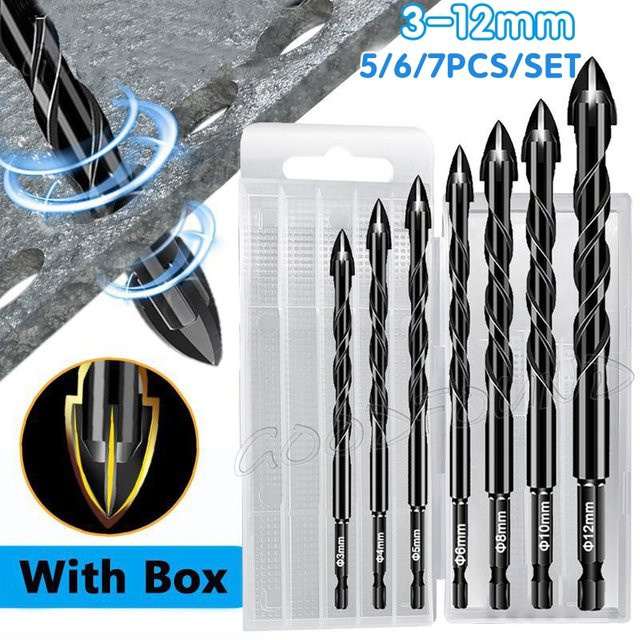 7er Set Hex Mauerwerk Bohrer Bits aus Titanstahl mit 1/4 Schaft für Beton, Ziegel, Glas und Keramik in Schwarz - Bild 1