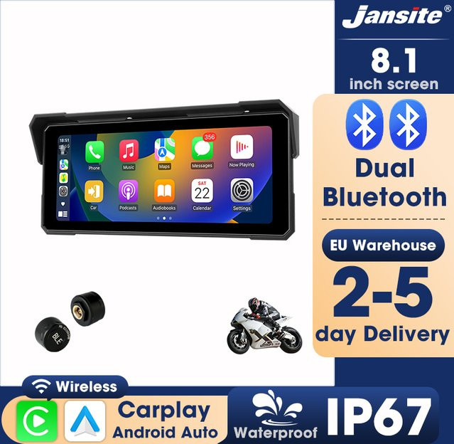 Jansite Tragbares Motorrad-Display mit 8,1 Zoll Bildschirm, Bluetooth, Carplay, Android Auto Navigation und TPMS, IP67 wasserdicht, Schwarz - Bild 1