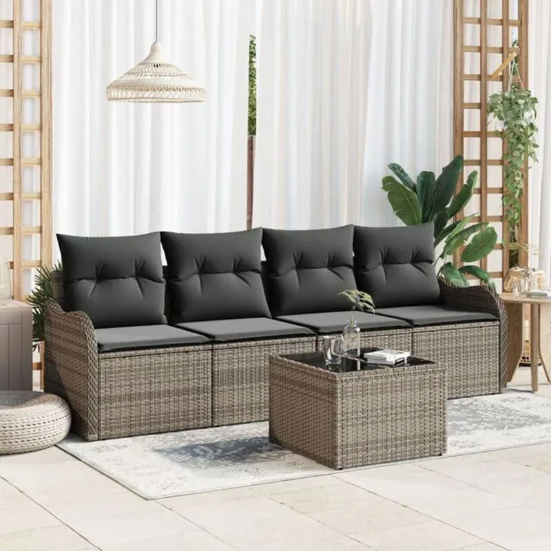 Vidaxl Garten-Sofa-Set aus Polyrattan mit Kissen in Grau, 5-teilige Loungemöbel-Garnitur, B/T/H: 55 x 55 x 37 cm - Bild 1