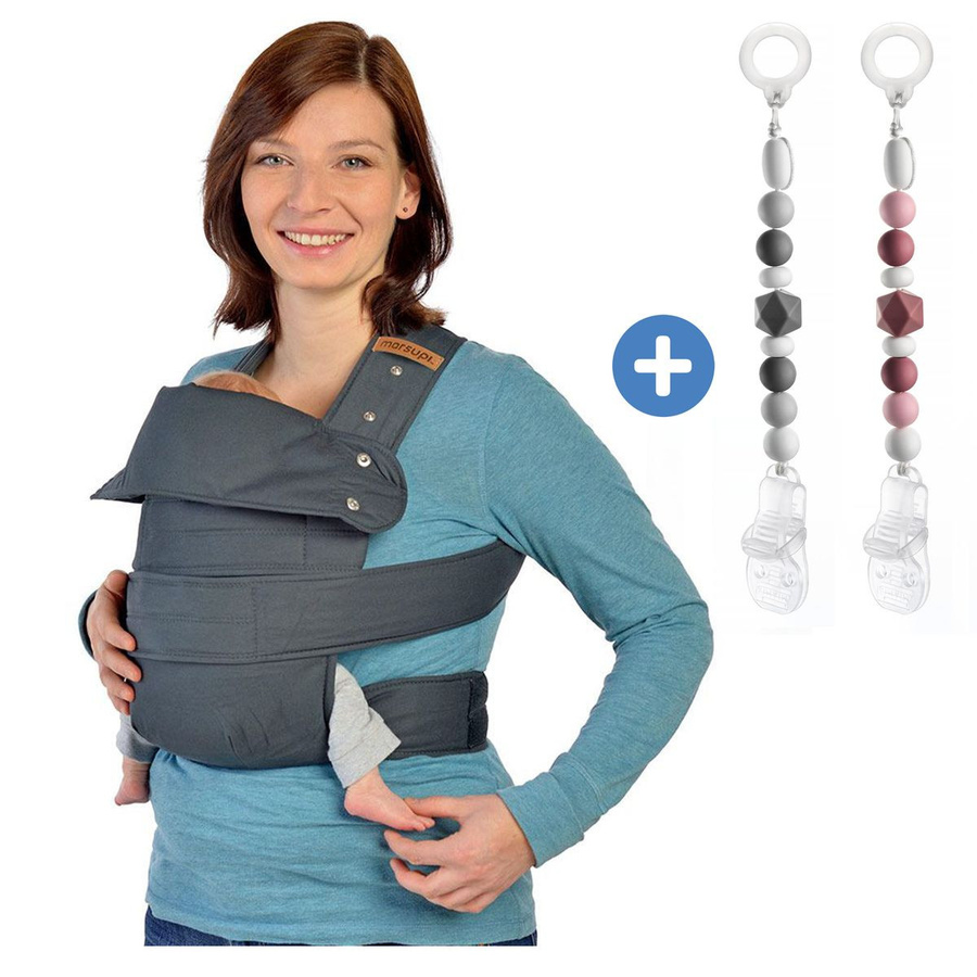 Marsupi Babytrage Classic 2.0 ab Geburt bis 15 kg in Grey inklusive 2 Schnullerketten aus Silikon Gr. XL - Bild 1