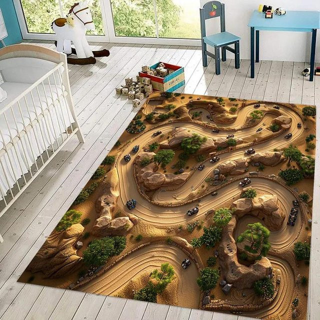 Lodestar Rennstrecken-Teppich mit 3D-Straßenmuster für das Kinderzimmer, schwarz/mehrfarbig, B: 60 cm, T: 40 cm - Bild 1