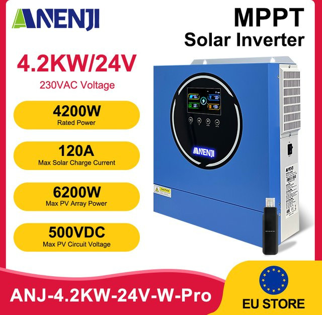 ANENJI 4200W 24V Hybrid-Solarwechselrichter mit 120A MPPT, Reiner Sinuswelle, WiFi und Doppelausgang für LiFePO4-Batterien und PV-Solarmodule, Blau - Bild 1