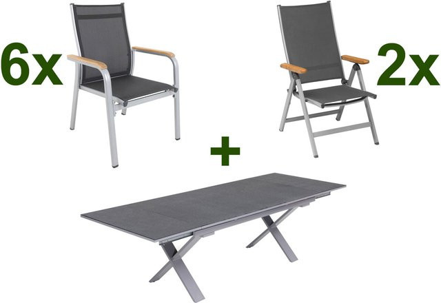 Kettler Granada Garten-Essgruppe aus Aluminium und Teakholz in Silber und Anthrazit mit ausziehbarem Tisch und 8 Stühlen - Bild 1