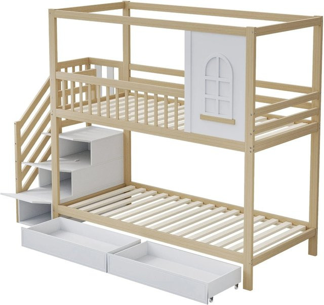 okwish Etagenbett für Kinder in Hausform mit Fenstern und Schubladen, Farbe Natur und Weiß, B/T/H: 200 x 90 x 176,4 cm - Bild 1