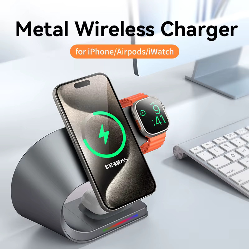 CrownQu 4-in-1 Magnetisches Kabelloses Ladegerät 15W Schnellladestation aus Metall in Silber für iPhone, AirPods und Apple Watch - Bild 4