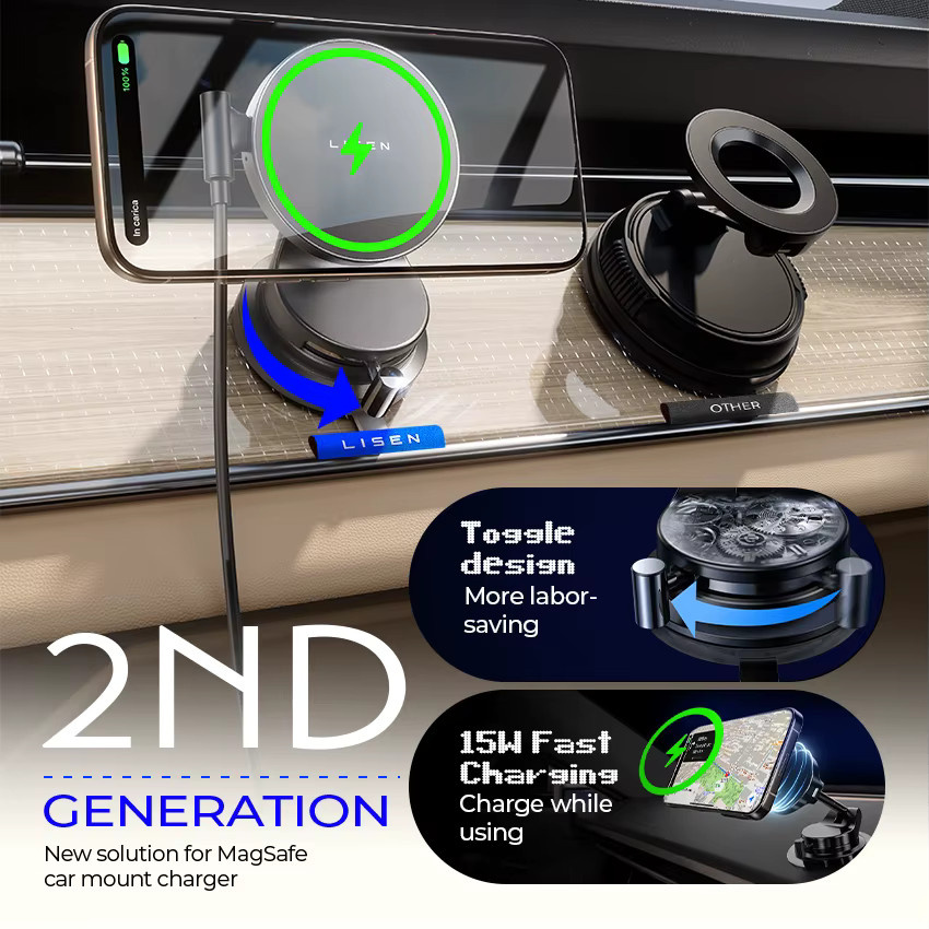 LISEN Saugnapf-Handyhalter mit Qi2.2 25W kabellosem Autoladegerät für iPhone, Schwarz - Bild 2