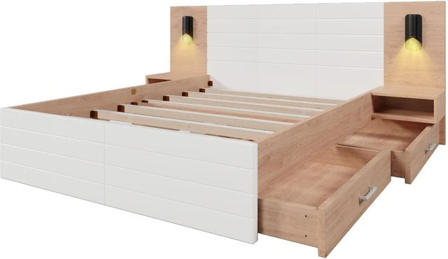 okwish Holzbett mit Schubladen und integrierter Leselampe sowie USB-Anschluss, Weiß und Braun, B/T/H: 180 x 200 x 95,1 cm - Bild 1