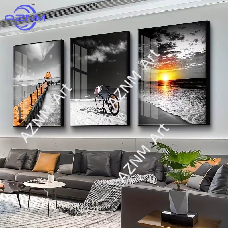 3-teiliges Set AZNM Leinwandbilder Strand-Sonnenaufgang in Schwarz-Weiß und Multicolour, moderne Landschaftsmotive für deine Wandgestaltung im Wohnzimmer oder Schlafzimmer - Bild 4