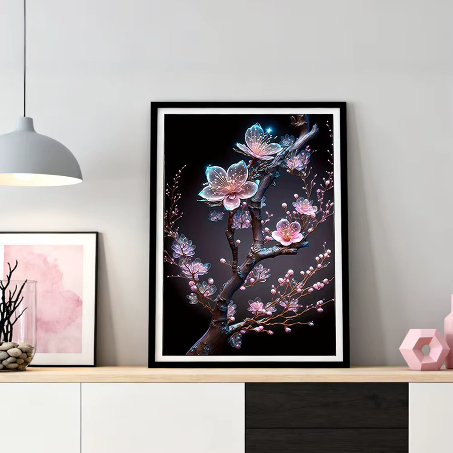 HUACAN 5D DIY Diamantmosaik-Set Pflaumenblüte in Mehrfarbig, Rundes Wanddekor mit Strasssteinen - Bild 3