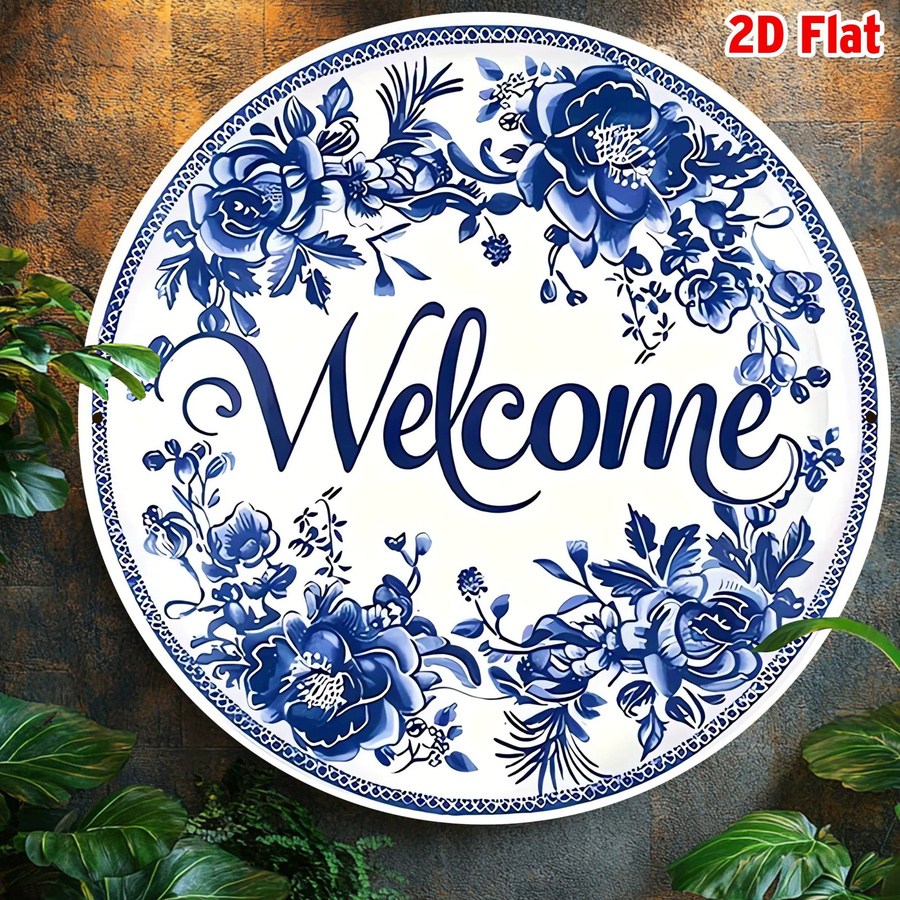 Potdemiel Rundes Vintage Willkommensschild aus Aluminium mit Blauem Floral Design, Wandkunst für Küche, Garten und Büro, Durchmesser: 20,3 cm - Bild 5