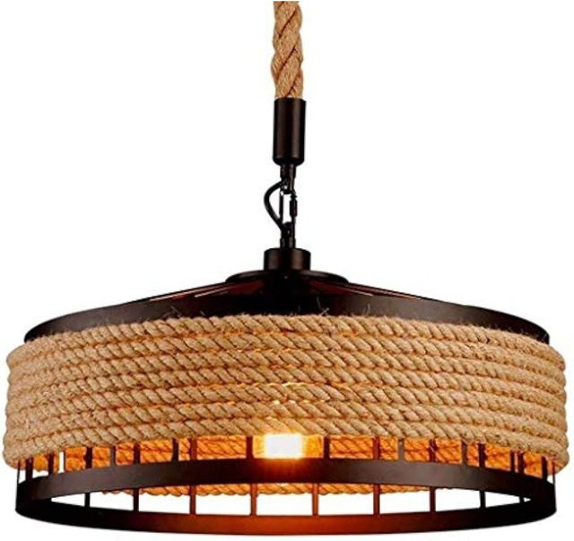 JOYINLED Vintage Hanfseil Pendelleuchte im Industriestil, runde Deckenleuchte aus Holz und Metall in Schwarz und Braun, Durchmesser: 40 cm - Bild 1