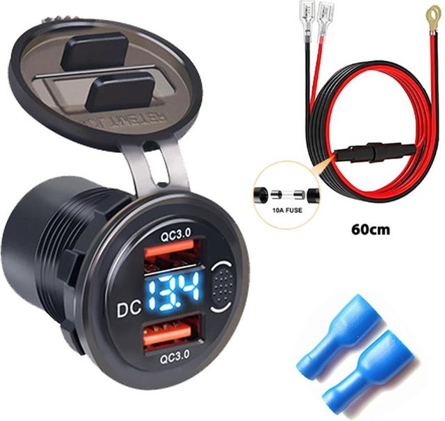 YJMP Auto Parts Dual USB QC3.0 Autoladegerät mit LED Voltmeter und Schalter, Wasserdichte 12V/24V USB Feuerzeugbuchse mit 60cm Kabel, Blau - Bild 1