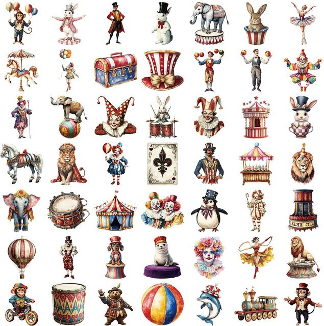 50 Stück Zirkus Clown DIY Aufkleber von Binchi Outdoor Product, transparente bunte Kunst Abziehbilder für Laptop, Gepäck und Notizbuch - Bild 1