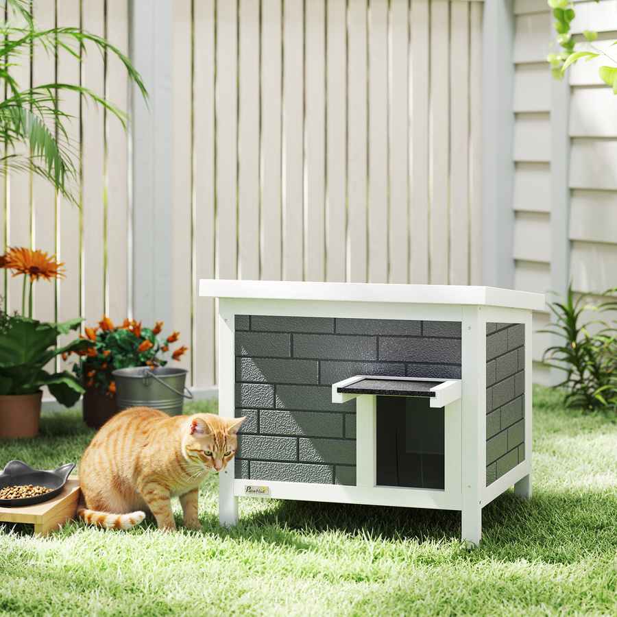 PawHut Katzenhaus aus Holz in Grau, wetterfeste Katzenhütte mit aufklappbarem Dach und Isolierung für Katzen bis 5 kg, B/T/H: 61 x 51 x 53,5 cm - Bild 2