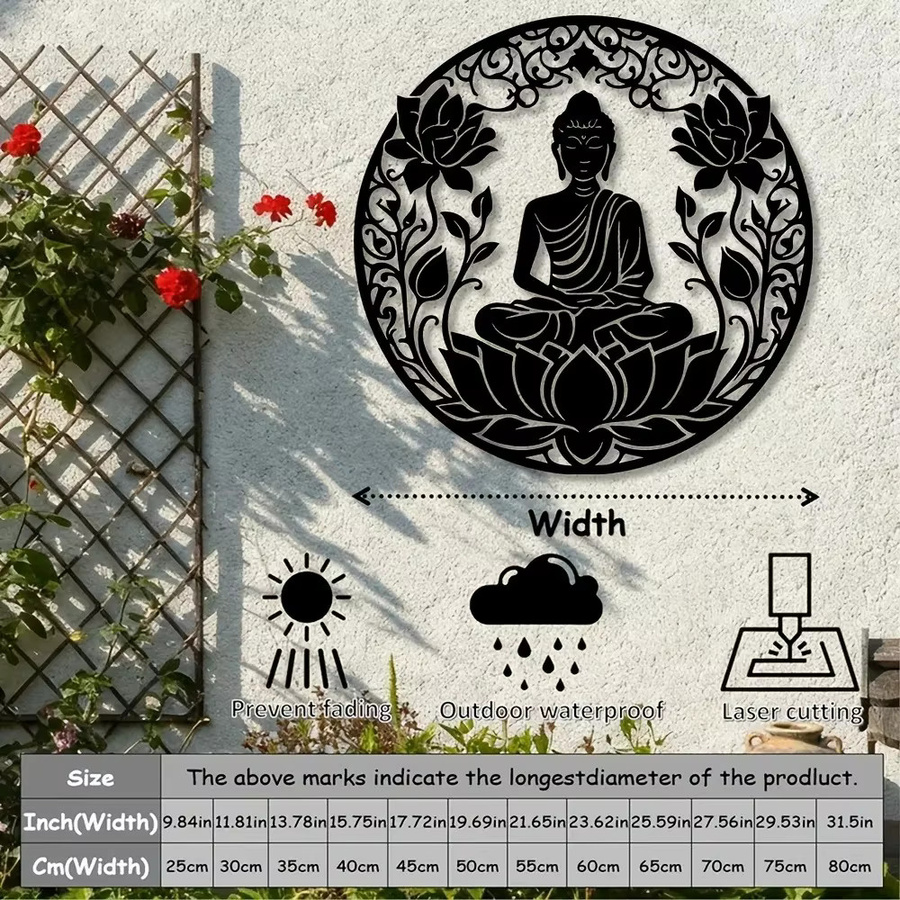 CIFBUY Buddha Lotus Mandala Wandkunst aus Metall in Schwarz, runde orientalische Meditations-Dekoration mit floralem Design - Bild 2