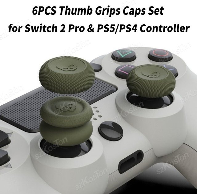 SZKOSTON 6er Set Daumen Griffe Kappen für Nintendo Switch Pro, PS5 und PS4 Controller, Joystick Abdeckung Gaming Zubehör in Schwarz, Weiß und Grün - Bild 1