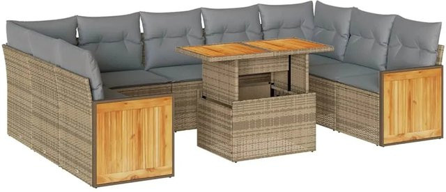vidaXL 10-teilige Garten-Sofagarnitur in L-Form aus Polyrattan und Akazienholz mit Kissen in Beige-Grau - Bild 1