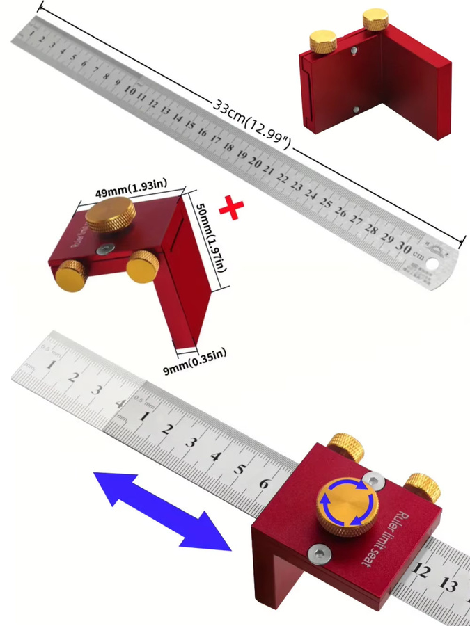 JIGHOLE Aluminium T-Lineal mit Anreißstift und Linienmarkierungslehre in Rot für die Holzbearbeitung - Bild 3