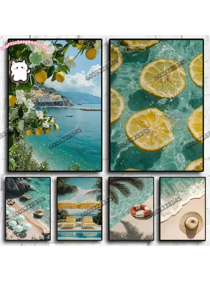 Leinwandgemälde Potdemiel Italienische Zitronen und Orangen mit Strandwellen als mediterrane Wandkunst in Mehrfarben - Bild 3