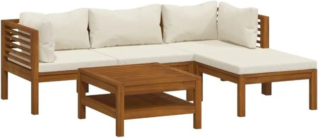 vidaXL 5-tlg Garten-Lounge-Set Modell 2 aus massivem Akazienholz mit cremeweißen Polsterkissen in L-Form - Bild 1