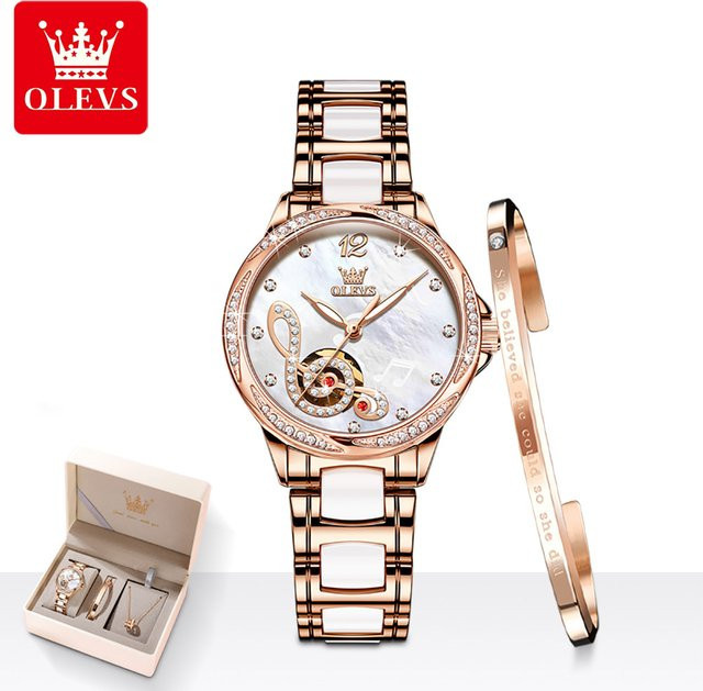 OLEVS Armbanduhr Automatik, Edelstahl, Weiß, Roségold, Damen - Bild 1