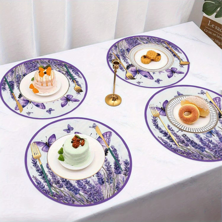 VIKAMA 4er Set Esstischmatten mit Lavendel- und Schmetterlingsmuster in Lila, runde Platzsets für den Esstisch - Bild 3