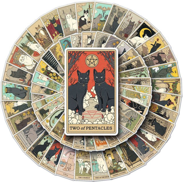 Rspctou Vintage Mysteriöse Katzen-Tarot Aufkleber Set, Wasserfeste Cartoon Sticker für Laptop, Handy und Wasserflaschen, Mehrfarbig - Bild 1