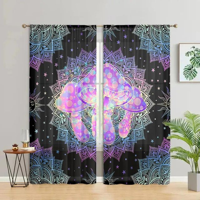 2er-Set Böhmische Mandala Pilzvorhänge mit psychedelischem Design in Grau, B: 150 cm, H: 166 cm - Bild 1