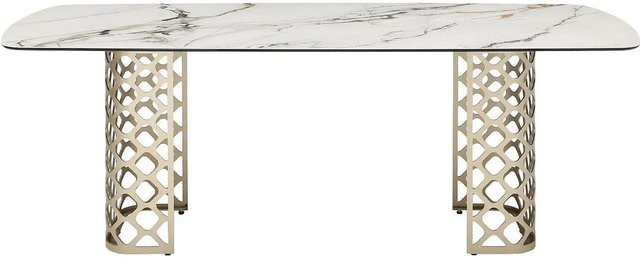 Vente-unique Esstisch Goldena in Weiß und Gold mit Keramikplatte in Marmor-Optik und Sicherheitsglas, Breite: 220 cm - Bild 1