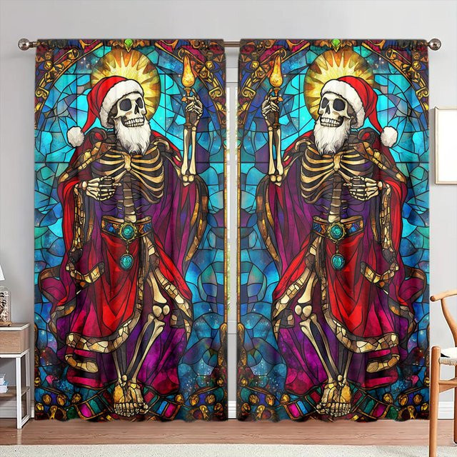 2er-Set Weihnachts Vorhang mit Skelett-Buntglas-Design, blau und mehrfarbig, halbtransparent, Breite: 52,5 cm, Höhe: 116 cm - Bild 1