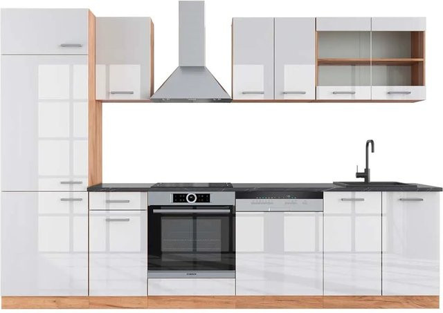 Vicco R-Line Küchenzeile Weiß Hochglanz und Goldkraft Eiche mit Anthrazit, Breite: 300 cm, Höhe: 207 cm, Tiefe: 60 cm - Bild 1