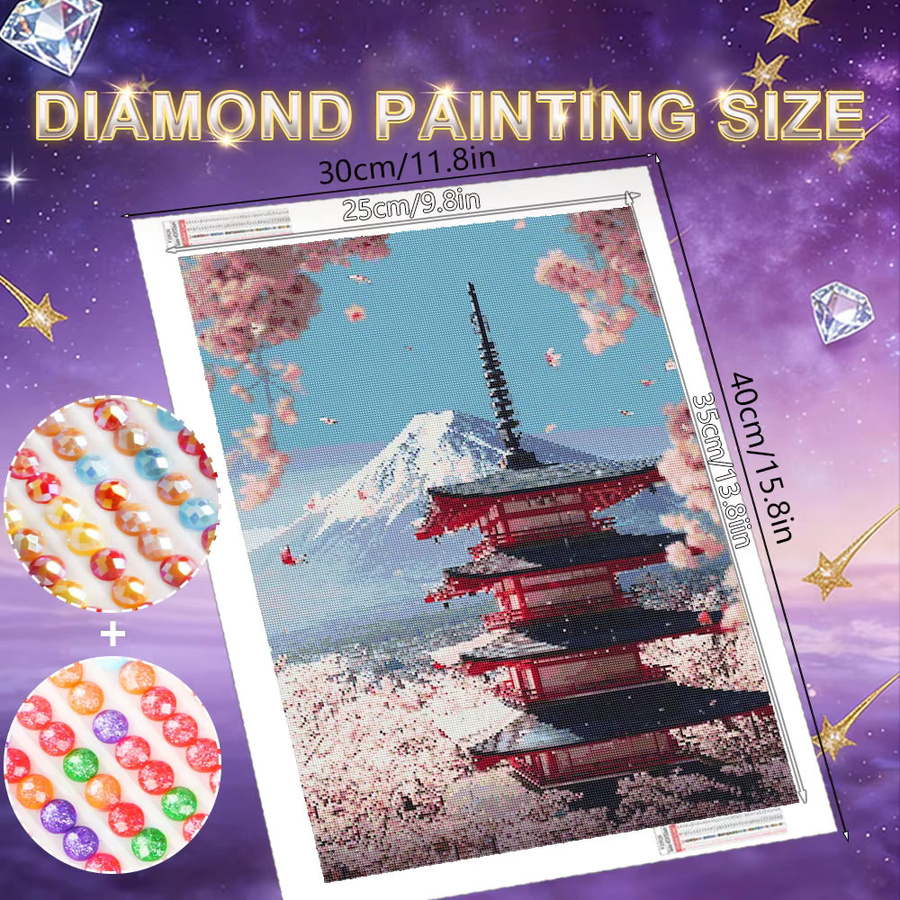 HUACAN Diamant-Mosaik-Set Kirschblüte und Turm-Gebäude-Landschaft, Rundes Diamantkunst-Malerei Set in Multicolour, B/H: 30 x 20 cm - Bild 1