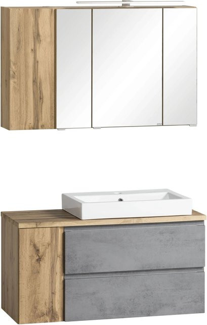 Held Möbel 2-tlg Waschtisch-Set Ancona in Betongrau und Wotaneiche mit Aufsatz-Keramikbecken rechts und Spiegelschrank, Breite: 105 cm - Bild 1