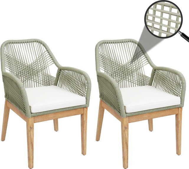2er-Set MCW Gartenstühle H56b aus Akazienholz mit Seilgeflecht und Kissen in Grün und Creme - Bild 1