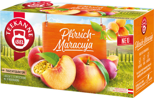 Teekanne Früchtegarten Pfirsich-Maracuja, Früchtetee, koffeinfrei, 20 Beutel, 50g - Bild 1
