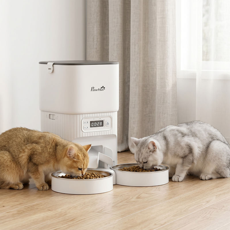 PawHut Futterautomat für Katze und Hund in Weiß mit 4L Kapazität, 2 Edelstahlnäpfen und LCD Anzeige - Bild 2