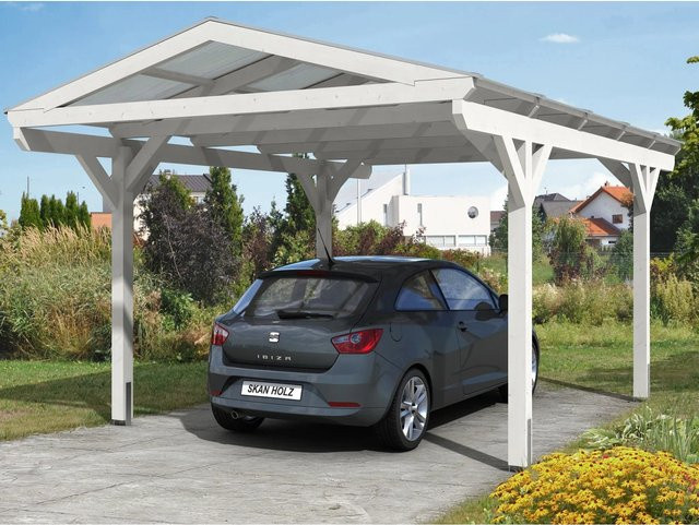 Skan Holz Carport Westerwald aus Fichten-Leimholz in Weiß mit Doppelstegplatten und spitzer Dachform, B/T: 362 x 541 cm, Höhe: 281 cm - Bild 1