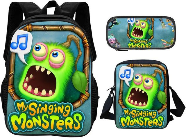3-teiliges Schulset von Fancy Style Studio mit Rucksack, Federmäppchen und Umhängetasche im Singendes Monster Design für Kindergarten und Grundschule, mehrfarbig - Bild 1