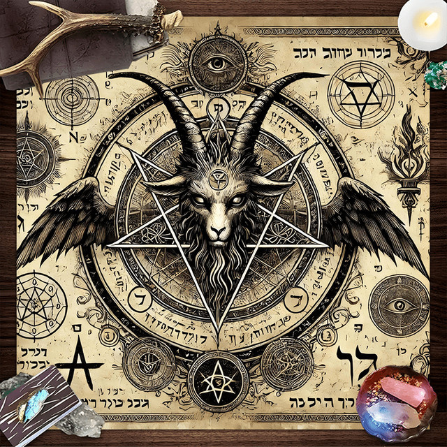 VIKAMA Dark Ritual Tischdecke im Gothic-Stil mit Pentagramm, Ziege und hebräischen Runen für Altar und Wahrsagerei - Bild 1