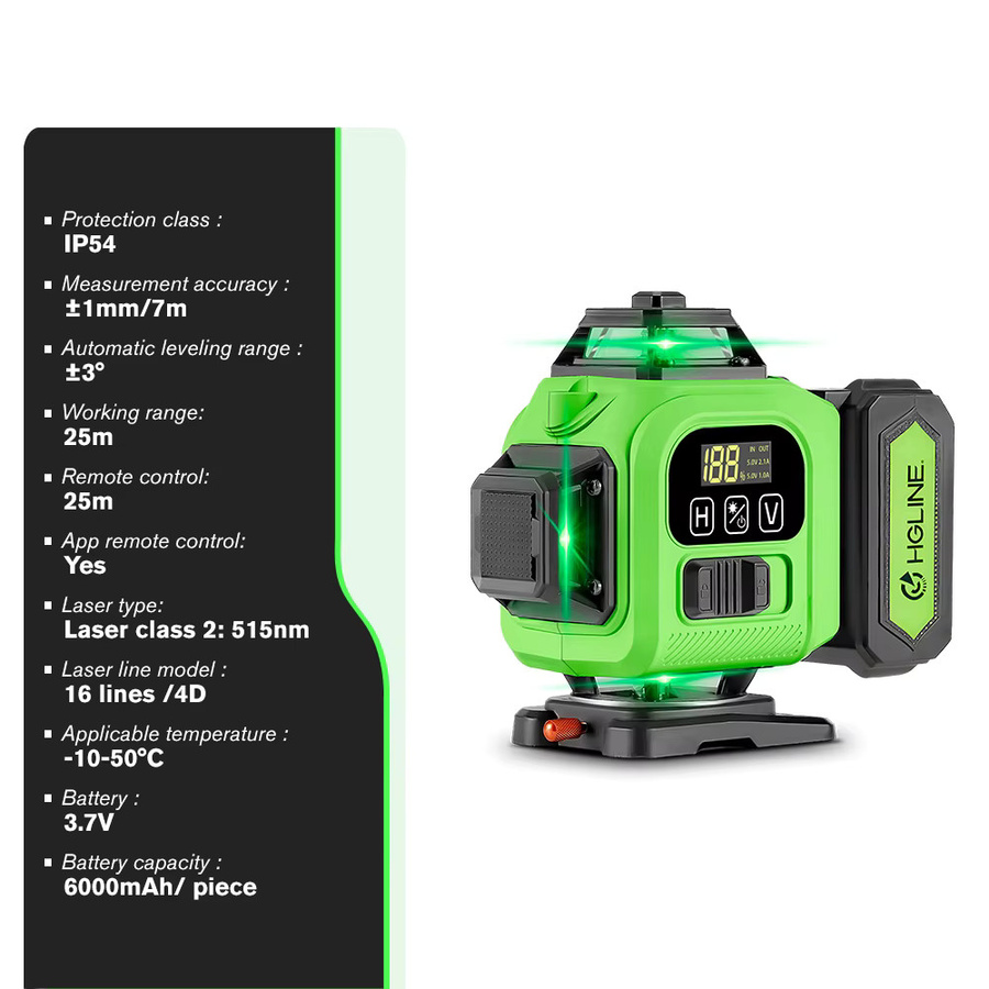 HGLINE 16-Linien Laser-Nivelliergerät mit 360 Grad horizontaler und vertikaler Ausrichtung, grüner Laser, inklusive 6000mAh Akku - Bild 3