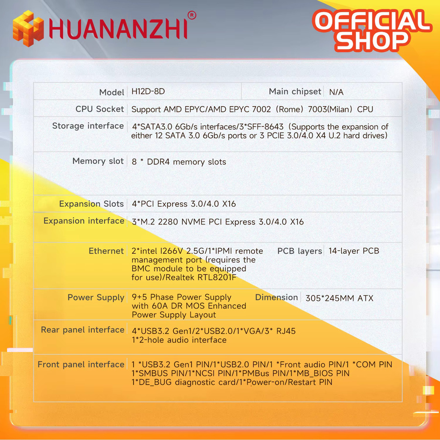 HUANANZHI H12D 8D AMD Motherboard mit BMC-Modul, unterstützt AMD EPYC 7002 und 7003 Serie CPU, 8-Kanal-Speicher, Dual 2.5G Netzwerk, IPMI, Schwarz - Bild 3