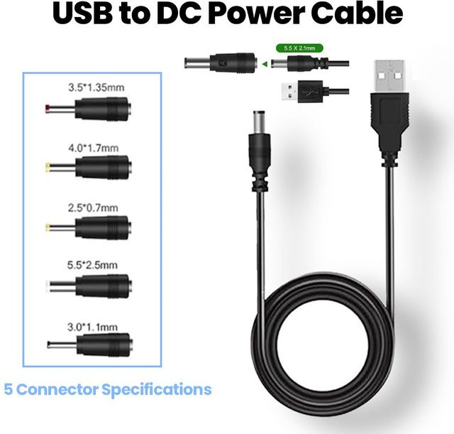 Elough 5-in-1 USB auf 5V DC Stromkabel in Schwarz mit 5 wählbaren Anschlüssen und 5,5 x 2,5 mm Klinke als universelles Ladekabel für TV-Boxen - Bild 1