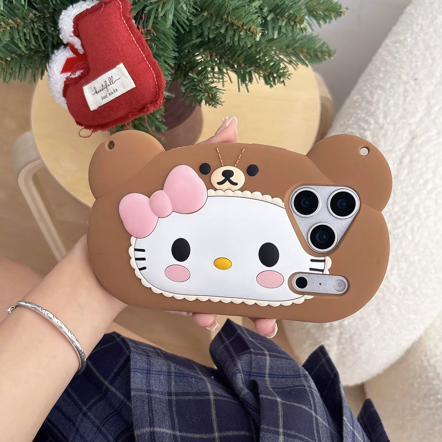 Kawaii 3D Bär Hello Kitty Handyhülle für iPhone 17 16 15 14 13 12 Pro Max Plus 16e 17 Pro mit Lanyard in Braun - Bild 4