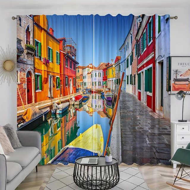Yiran Furniture Skyline Muster Vorhang Set aus Polyester, 2 Stück, halbtransparent, Mehrfarbig, B: 50 cm, H: 100 cm - Bild 1