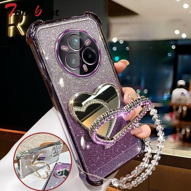 Glitzer Handyhülle mit Spiegelhalterung und Kristall-Armband für Realme 14 15 16 15T 16T Pro Plus 5G in Schwarz oder Lila - Bild 1