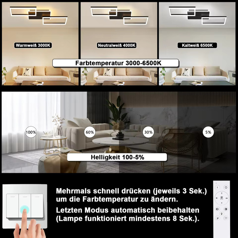 NETTLIFE Moderne LED Deckenleuchte Schwarz mit 3 verschränkten Rahmen, dimmbar, Fernbedienung und Timer - Bild 6