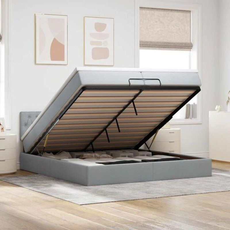 vidaxl Ottoman Polsterbett mit Matratzen und LED in Hellgrau, B/T/H: 200 x 200 x 78 cm - Bild 1